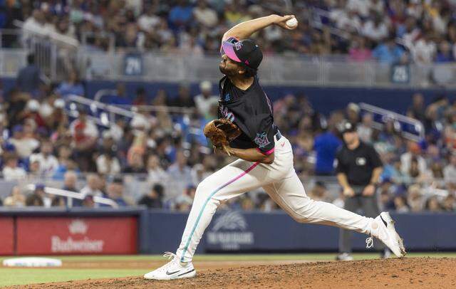 Miami Marlins pitcher Michael Petersen (49) pitches against the New York Mets in the seventh inning of their MLB game at loanDepot park on Saturday, Sept. 27, 2025, in Miami, Fla.
