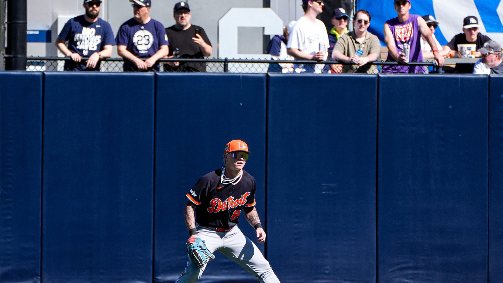 Detroit Tigers outfielder Max Clark fields against the New York Yankees during the fifth inning at George M. Steinbrenner Field in Tampa, Fla. on Saturday, Feb. 21, 2026.