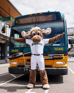 The Mariners Moose spends a morning on the King County Metro Water Taxi on May 20, 2025 in Seattle, Wa.