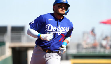 Los Angeles Dodgers designated hitter Miguel Rojas (72) runs the bases after hitting a two run home run against the Cleveland Guardians during the third inning at Goodyear Ballpark.