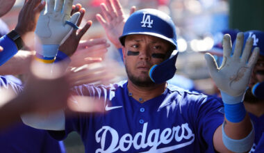 Los Angeles Dodgers designated hitter Miguel Rojas (72) high fives teammates after hitting a two run home run against the Cleveland Guardians during the third inning at Goodyear Ballpark.