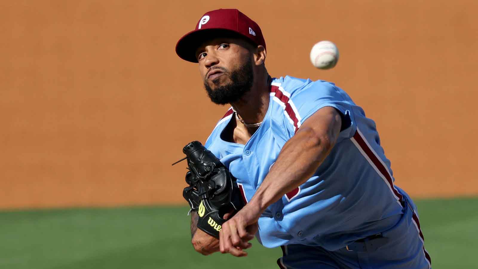 Oct 9, 2025; Los Angeles, California, USA; Philadelphia Phillies pitcher Cristopher Sanchez (61) throws in the second inning against the Los Angeles Dodgers during game four of the NLDS round for the 2025 MLB playoffs at Dodger Stadium. Mandatory Credit: Kiyoshi Mio-Imagn Images