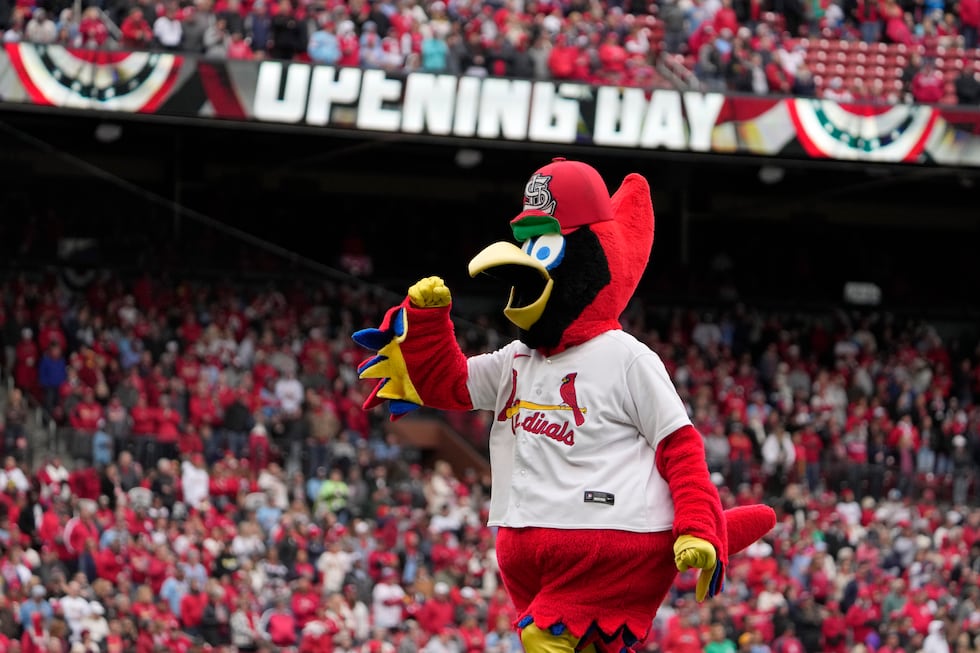 St. Louis Cardinals mascot Fredbird takes part in pregame festivities before of a baseball...