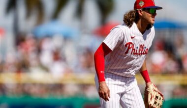 Philadelphia Phillies third baseman Alec Bohm at third base during the game against the New York Yankees at BayCare Ballpark on March 1.