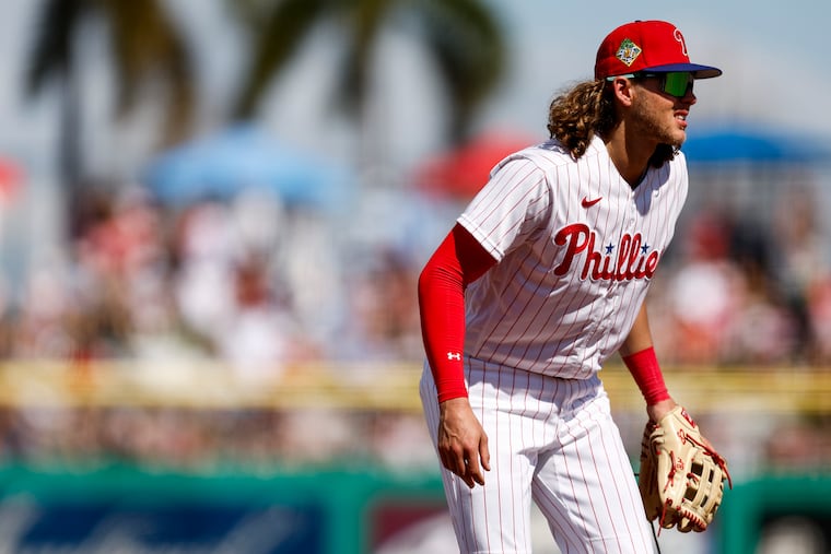 Philadelphia Phillies third baseman Alec Bohm at third base during the game against the New York Yankees at BayCare Ballpark on March 1.