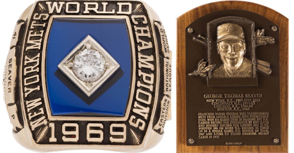 Tom Seavers's 1969 World Series ring; 1992 Baseball Hall of Fame Induction Plaque Presented to Tom Seaver.