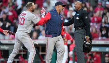 Trevor Story reacts to strike three call that got Alex Cora ejected