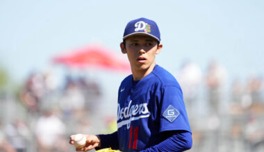 Los Angeles Dodgers starting pitcher Roki Sasaki (11) pitches against the Cleveland Guardians during the third inning at Goodyear Ballpark.