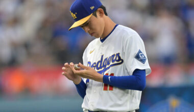 Mar 27, 2026; Los Angeles, California, USA; Los Angeles Dodgers pitcher Roki Sasaki (11) holds his ring during the World Series ring ceremony before the game against the Arizona Diamondbacks at Dodger Stadium. Mandatory Credit: Jayne Kamin-Oncea-Imagn Images