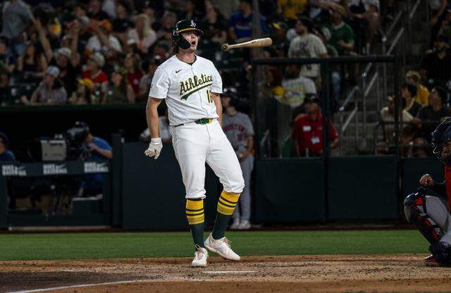 Athletics first baseman Nick Kurtz celebrates his walk-off home run for a 3-1 victory against the Houston Astros at Sutter Health Park on Monday, June 16.