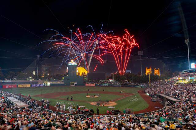 Fireworks soar over Sutter Health Park after the July 4, 2025, Major League Baseball game between the Athletics and San Francisco Giants.