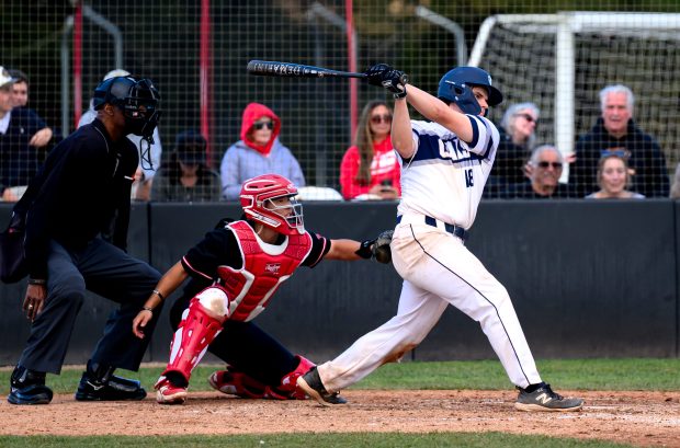 Menlo College first baseman Matt Morrison, a Scotts Valley alum, is hitting .365 with three home runs and a team-leading 21 RBI. (Kin Lee - Menlo Athletics)