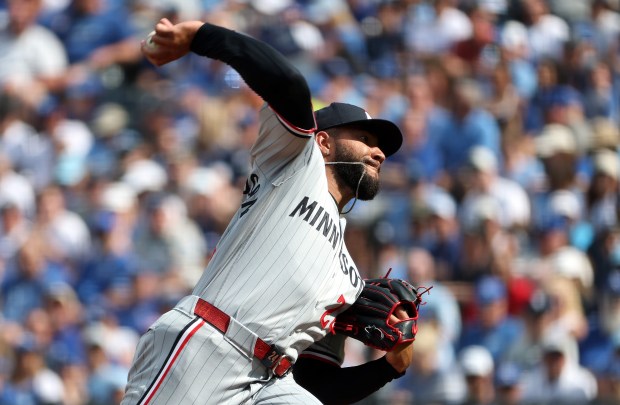 Starting pitcher Simeon Woods Richardson #24 of the Minnesota Twins pitches during the first inning of the opening day game against the Kansas City Royals at Kauffman Stadium on March 30, 2026 in Kansas City, Missouri. (Photo by Jamie Squire/Getty Images)
