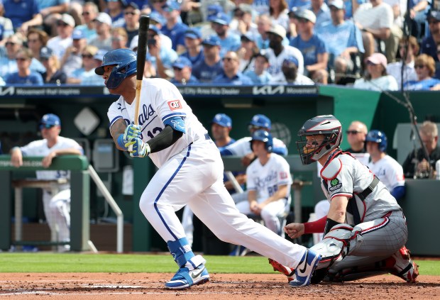 Catcher Salvador Perez #13 of the Kansas City Royals singles during the opening day game against the Minnesota Twins at Kauffman Stadium on March 30, 2026 in Kansas City, Missouri. (Photo by Jamie Squire/Getty Images)