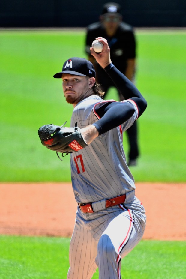 Minnesota Twins starting pitcher Bailey Ober throws during the first inning of a baseball game, Saturday against the Detroit Tigers, June 28, 2025, in Detroit. (AP Photo/Jose Juarez)