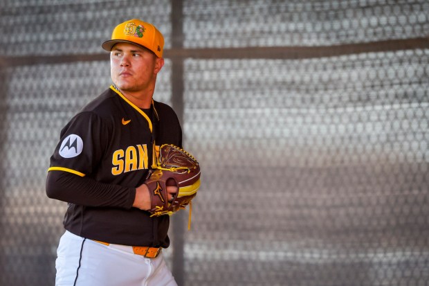 Adrian Morejon #50 of the San Diego Padres participates in drills during spring training workouts at the Peoria Sports Complex on Saturday, Feb. 14, 2026 in Peoria, Ariz. (Meg McLaughlin / The San Diego Union-Tribune)