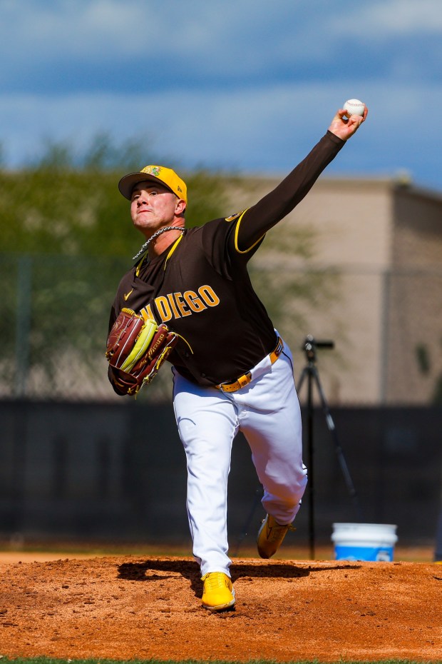 Adrian Morejon #50 of the San Diego Padres pitches during spring training workouts at the Peoria Sports Complex on Tuesday, Feb. 17, 2026 in Peoria, Ariz.(Meg McLaughlin / The San Diego Union-Tribune)