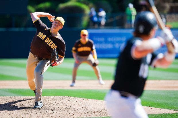 Nick Pivetta #27 of the San Diego Padres pitches against the White Sox during their spring training game at the Camelback Ranch on Tuesday, March 3, 2026 in Phoenix, Ariz. (Meg McLaughlin / The San Diego Union-Tribune)