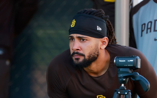 Peoria, AZ - February 19: Fernando Tatis Jr. #23 of the San Diego Padres looks on during a spring training practice on February 19, 2026 in Peoria, AZ. (K.C. Alfred / The San Diego Union-Tribune)