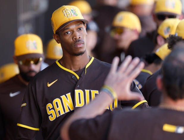 Peoria, AZ - February 22: Triston McKenzie #25 of the San Diego Padres walks in the dugout after being pulled against the Los Angeles Dodgers during a spring training game on February 22, 2026 in Peoria, AZ. (K.C. Alfred / The San Diego Union-Tribune)