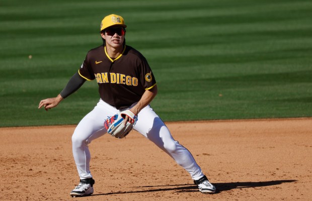 Peoria, AZ - February 22: Sung-Mun Song #24 of the San Diego Padres plays third base against the Los Angeles Dodgers during a spring training game on February 22, 2026 in Peoria, AZ. (K.C. Alfred / The San Diego Union-Tribune)