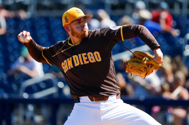 Joe Musgrove #44 of the San Diego Padres pitches against the Great Britain during their spring training game at Peoria Sports Complex on Wednesday, March 4, 2026 in Peoria, Ariz. (Meg McLaughlin / The San Diego Union-Tribune)