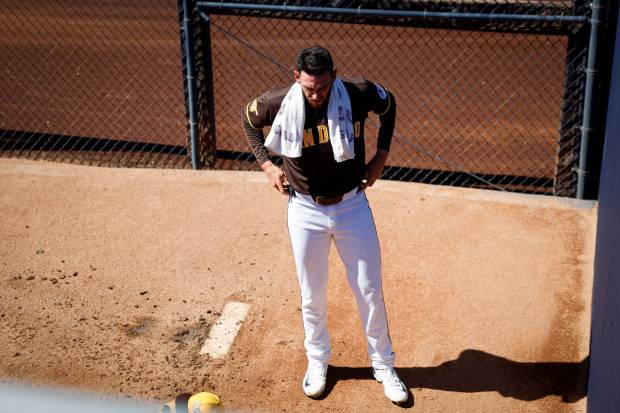 Joe Musgrove #44 of the San Diego Padres takes a moment before their spring training game against Great Britain at Peoria Sports Complex on Wednesday, March 4, 2026 in Peoria, Ariz. (Meg McLaughlin / The San Diego Union-Tribune)
