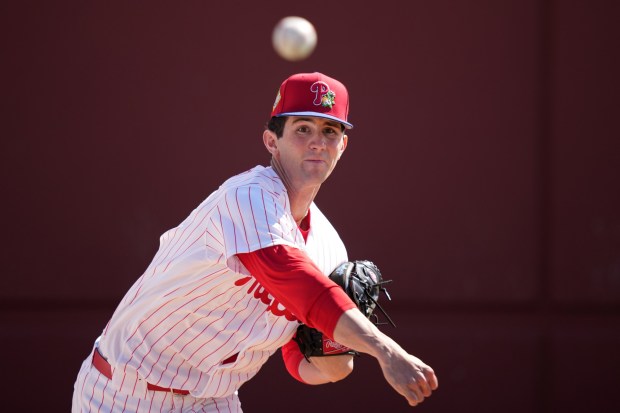 Philadelphia Phillies' Andrew Painter works out during spring training baseball Monday, Feb. 16, 2026, in Clearwater, Fla. (AP Photo/Matt Slocum)