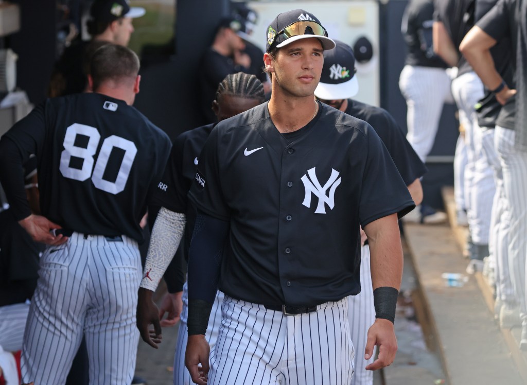 Yankees outfielder Spencer Jones looks on from from the dugout earlier in spring training.