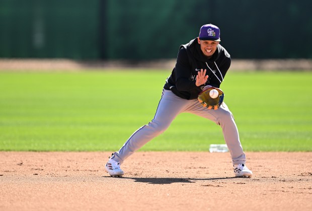 Short stop Ezequiel Tovar works on drills during morning practice for the Rockies during spring training at Salt River Fields at Talking Stick in Scottsdale, Arizona on February 21, 2026. (Photo by RJ Sangosti/The Denver Post)