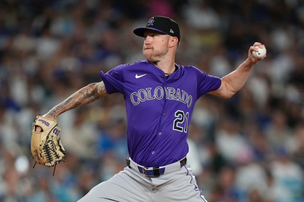 Colorado Rockies starting pitcher Kyle Freeland throws to the plate during the first inning of a baseball game against the Los Angeles Dodgers, Wednesday, Sept. 10, 2025, in Los Angeles. (AP Photo/Mark J. Terrill)