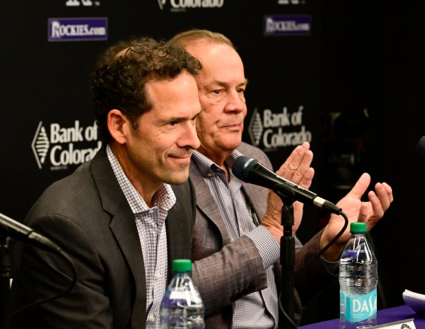 Colorado Rockies new President of Baseball Operations Paul DePodesta, left, and Rockies owner Dick Monfort during DePodesta's introductory press conference at Coors Field in Denver on Thursday, Nov. 13, 2025. (Photo by Andy Cross/The Denver Post)