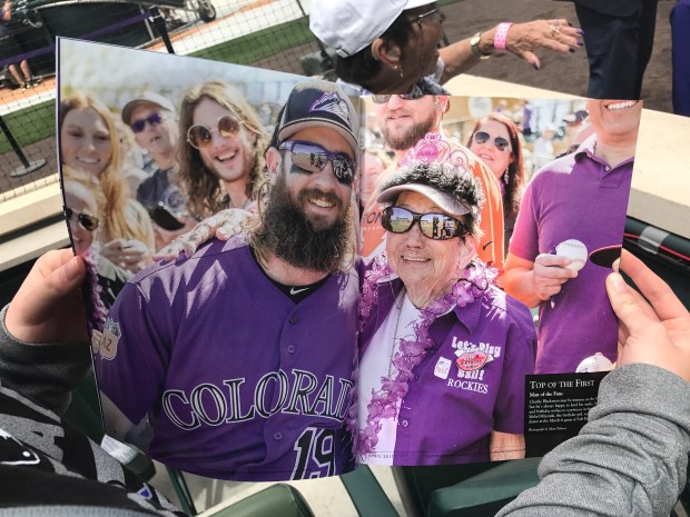 Mabel Miyasaki, who lived to be 100, celebrates Rockies outfielder Charlie Blackmon, one of her all-time favorite players.