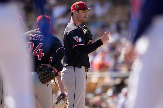 Guardians pitcher Gavin Williams is taken out of the game in the second inning of a game against the Dodgers on Feb. 24 in Phoenix. (Brynn Anderson - The Associated Press)