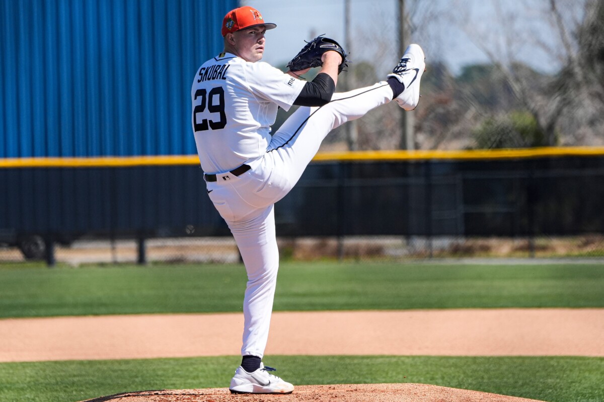 Detroit Tigers pitcher Tarik Skubal throws at live batting practice during spring training at TigerTown in Lakeland, Fla. on Friday, Feb. 13, 2026.