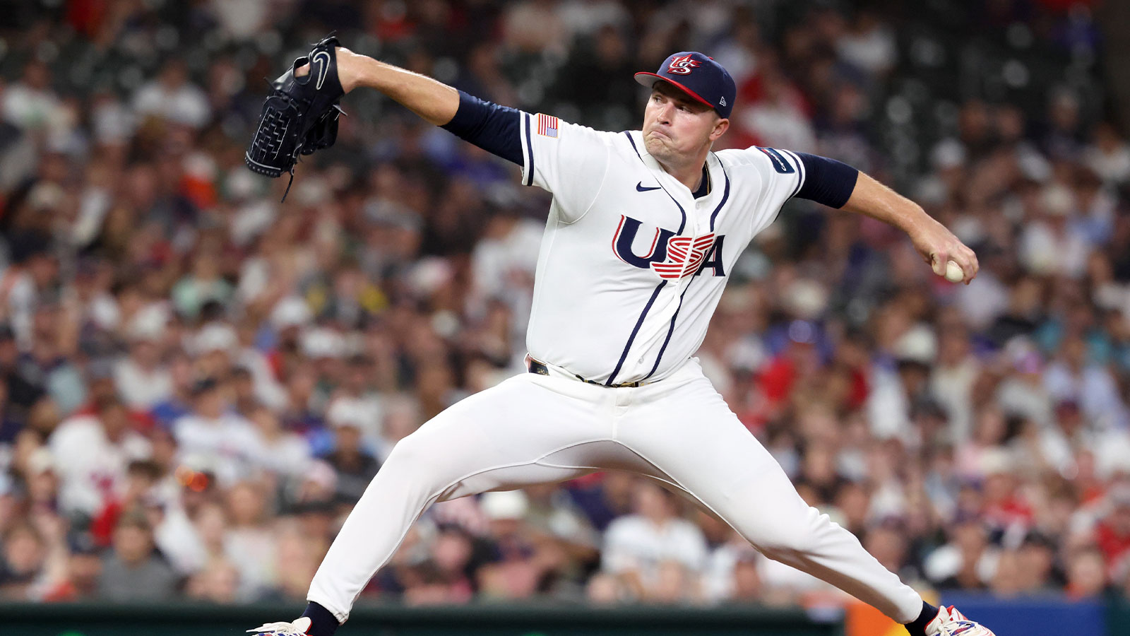 United States pitcher Tarik Skubal (27) throws a pitch against Great Britain during the first inning at Daikin Park.