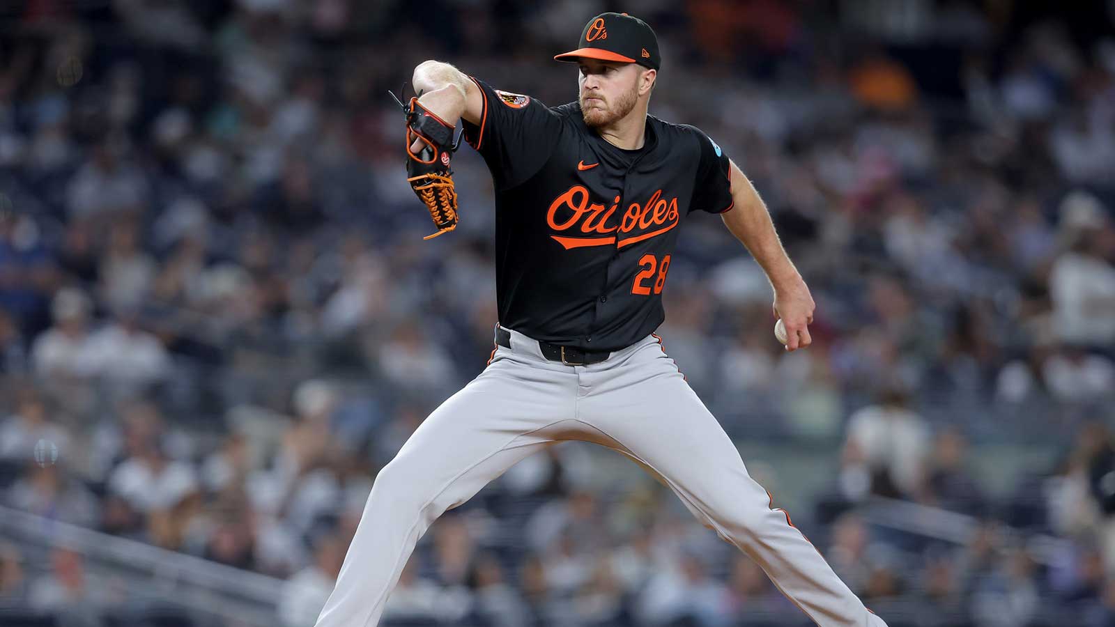 Baltimore Orioles starting pitcher Trevor Rogers (28) pitches against the New York Yankees during the first inning at Yankee Stadium.
