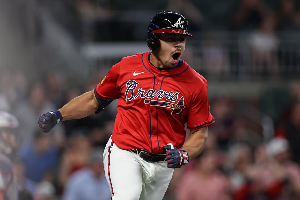 Atlanta Braves' Drake Baldwin reacts after hitting a game-winning pinch hit single in the...
