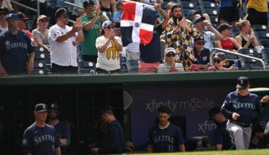 May 26, 2024; Washington, District of Columbia, USA; Seattle Mariners fans hold up a flag of the Dominican Republic after center fielder Julio Rodriguez (44) gets a bae hit (not pictured) during the ninth inning at Nationals Park. Mandatory Credit: Rafael Suanes-USA TODAY Sports