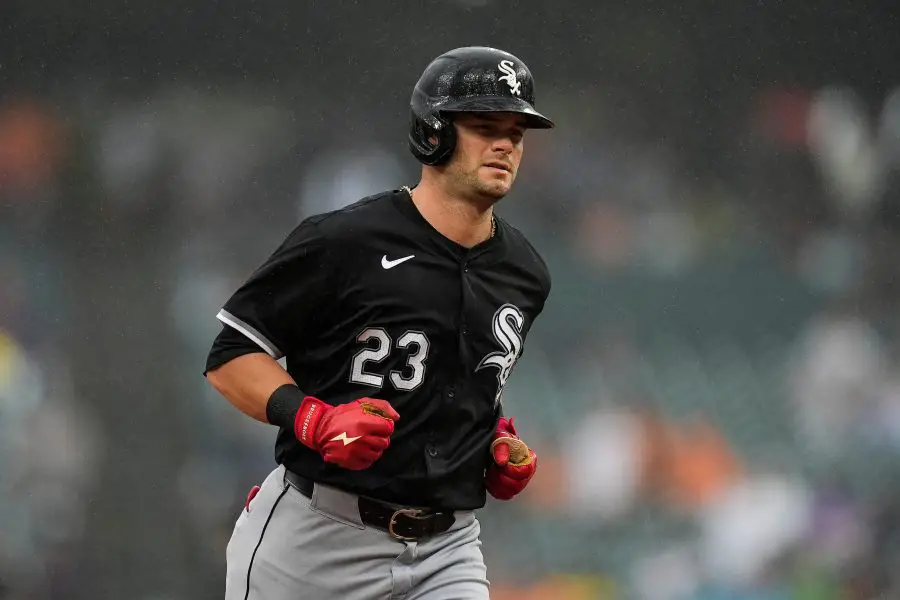 White Sox left fielder Andrew Benintendi (23) runs past third base after batting a 2-run home run against Detroit Tigers during the eighth inning at Comerica Park in Detroit.