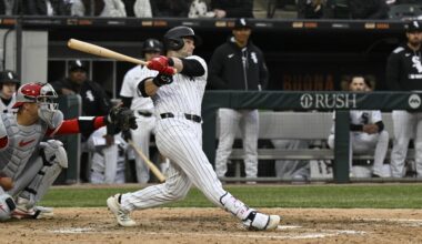 Chicago White Sox outfielder Andrew Benintendi (23) hits a three run home run against the Los Angeles Angels