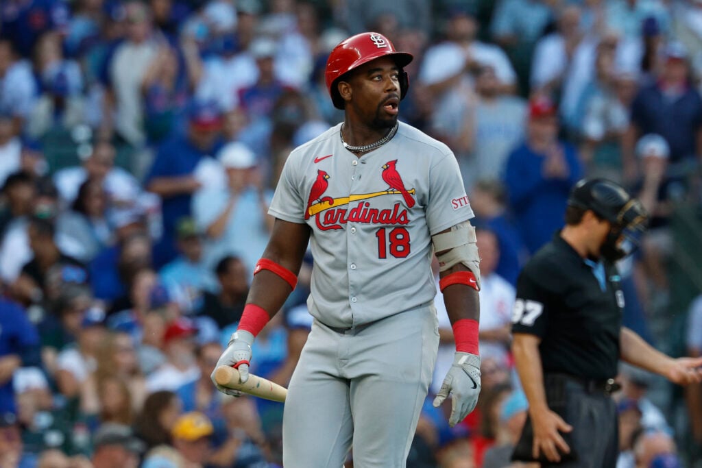 Jordan Walker is staring off following a strikeout vs the Chicago Cubs at Wrigley Field on September 28, 2025.