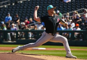 Diamondbacks pitcher Michael Soroka (34) pitches against the Rangers during a spring training game in Surprise on Feb. 24, 2026. © Patrick Breen/The Republic / USA TODAY NETWORK via Imagn Images
