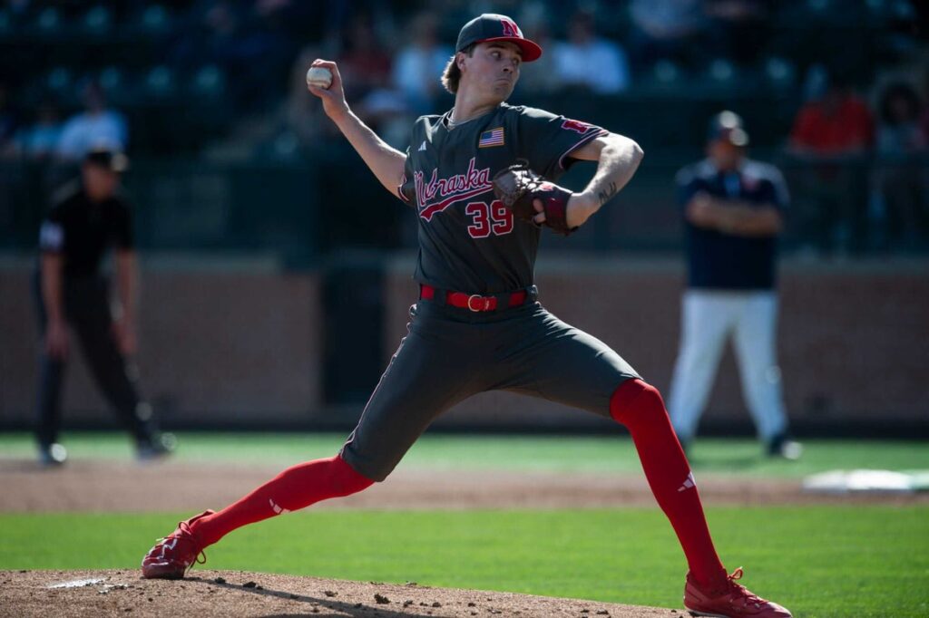 Nebraska's Carson Jasa throws a pitch in a game at Auburn.