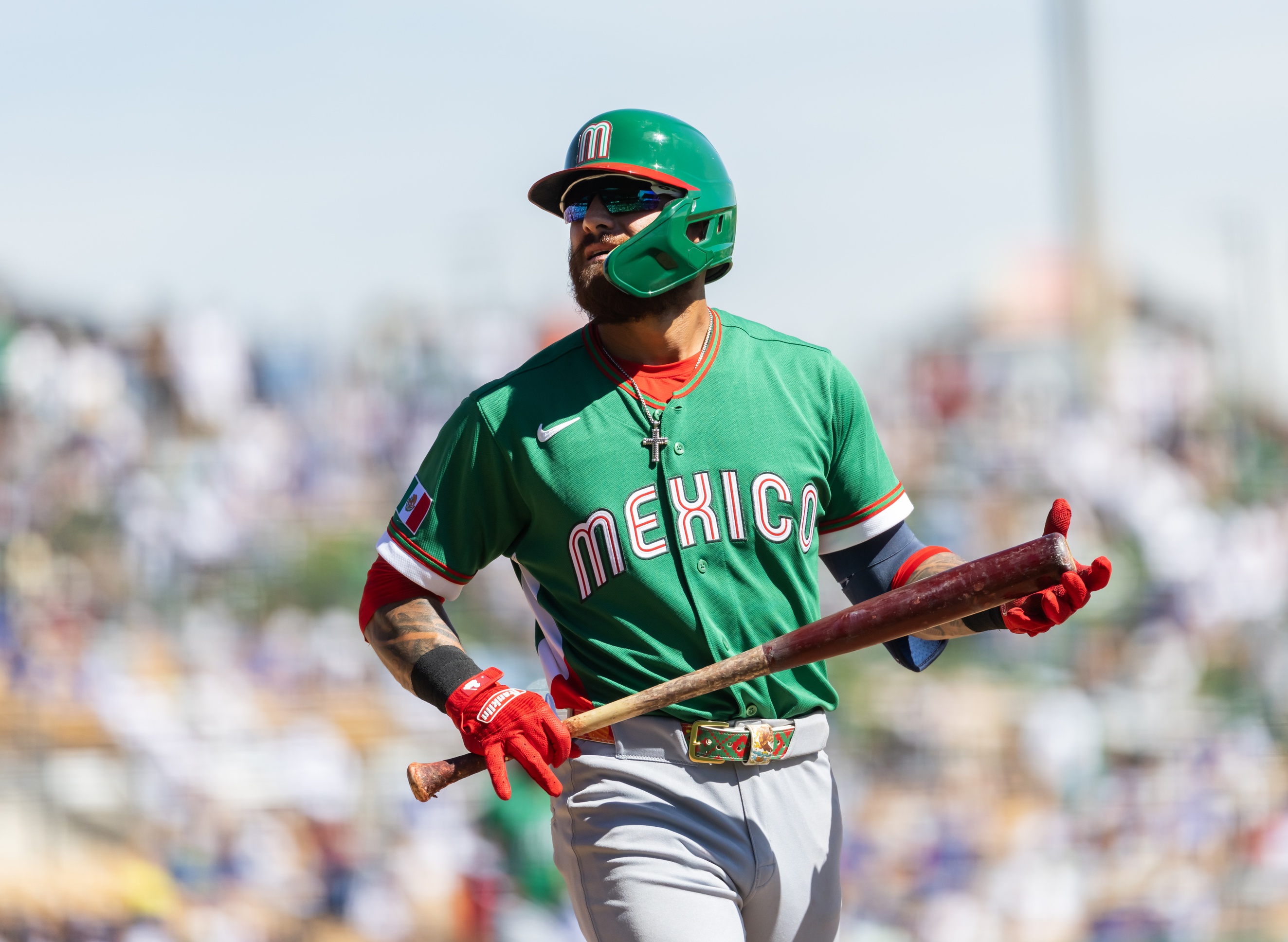 Mar 4, 2026; Glendale, AZ, USA; Team Mexico shortstop Joey Ortiz against the Los Angeles Dodgers during a spring training game at Camelback Ranch. Mandatory Credit: Mark J. Rebilas-Imagn Images