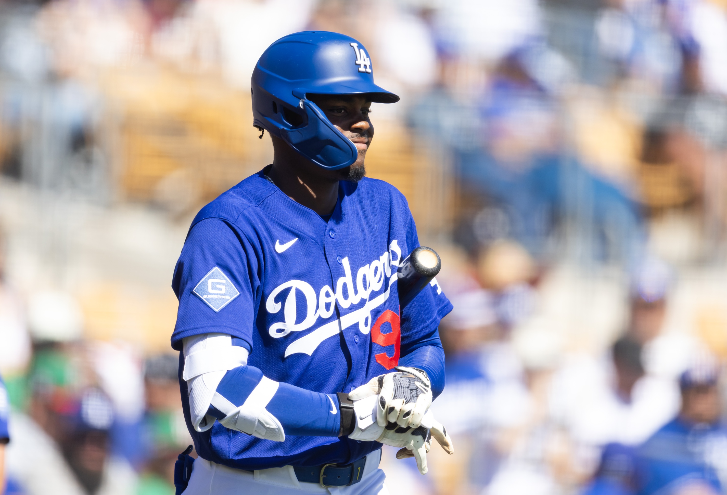 Mar 4, 2026; Glendale, AZ, USA; Los Angeles Dodgers outfielder Josue De Paula against Team Mexico during a spring training game at Camelback Ranch. Mandatory Credit: Mark J. Rebilas-Imagn Images
