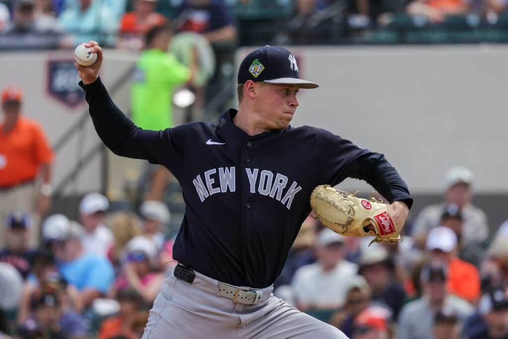 Yankees starting pitcher Will Warren is gearing up to throw a pitch against the Detroit Tigers at Publix Field at Joker Marchant Stadium on March 12, 2026. 