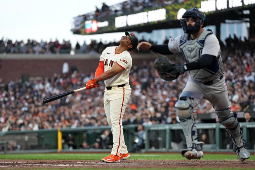 Mar 25, 2026; San Francisco, California, USA; San Francisco Giants designated hitter Rafael Devers (16) looks on after hitting a pop fly against the the New York Yankees in the sixth inning at Oracle Park.