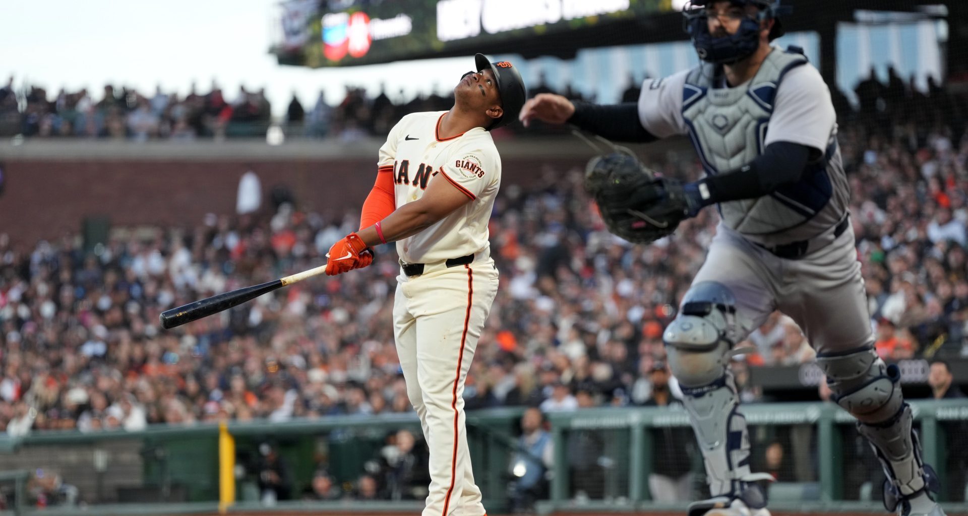 Mar 25, 2026; San Francisco, California, USA; San Francisco Giants designated hitter Rafael Devers (16) looks on after hitting a pop fly against the the New York Yankees in the sixth inning at Oracle Park.