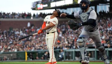 Mar 25, 2026; San Francisco, California, USA; San Francisco Giants designated hitter Rafael Devers (16) looks on after hitting a pop fly against the the New York Yankees in the sixth inning at Oracle Park.